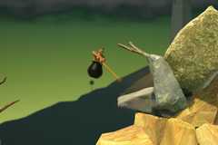 A man stuck in a cauldron with a sledgehammer flies through the air. A screenshot from Getting Over It With Bennett Foddy.