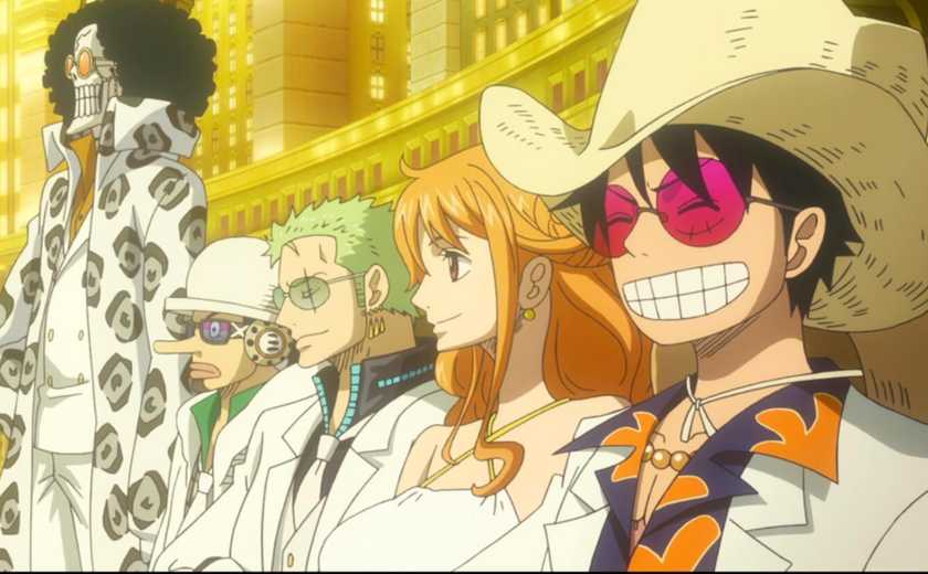 Brook, Usopp, Zoro, Nami, and Luffy dressed up in One Piece Film Z